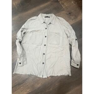 Black Tape Button‎ Front Utility Shirt Beige Frayed Hem Long Sleeve Women's M